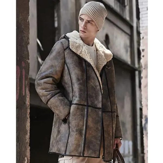 Men's RAF B7 Hooded Sheepskin Flying Fur Shearling Coat Aviator Jacket - Fashion Leather Jackets USA - 3AMOTO