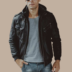 Mens Real Leather Jacket Men Motorcycle Removable Hood