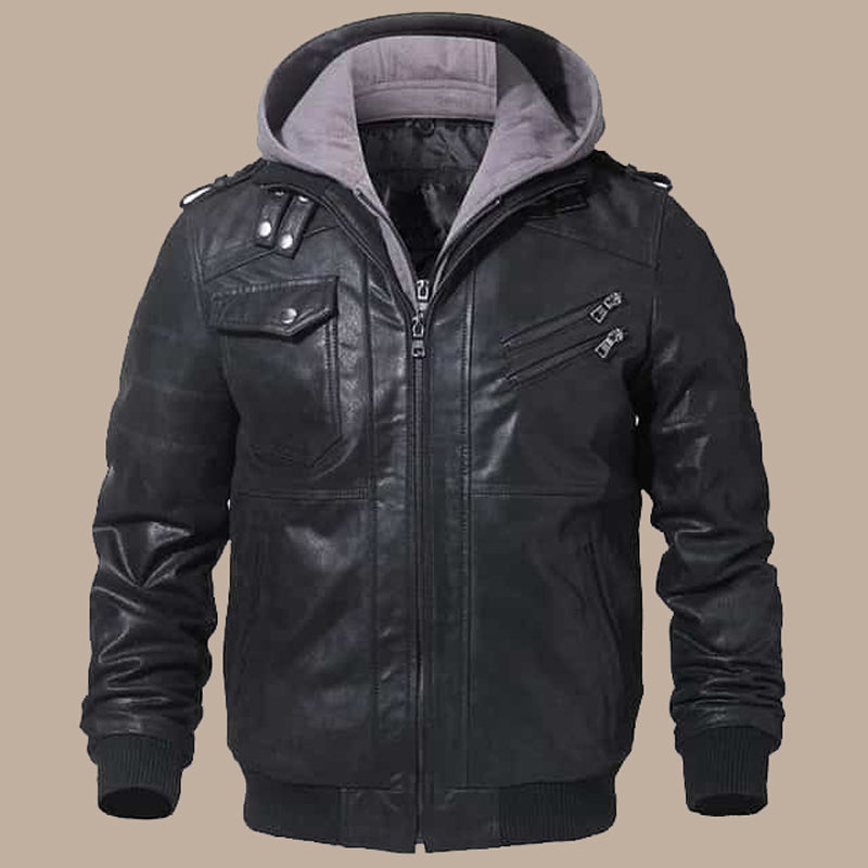 Mens Real Leather Jacket Men Motorcycle Removable Hood