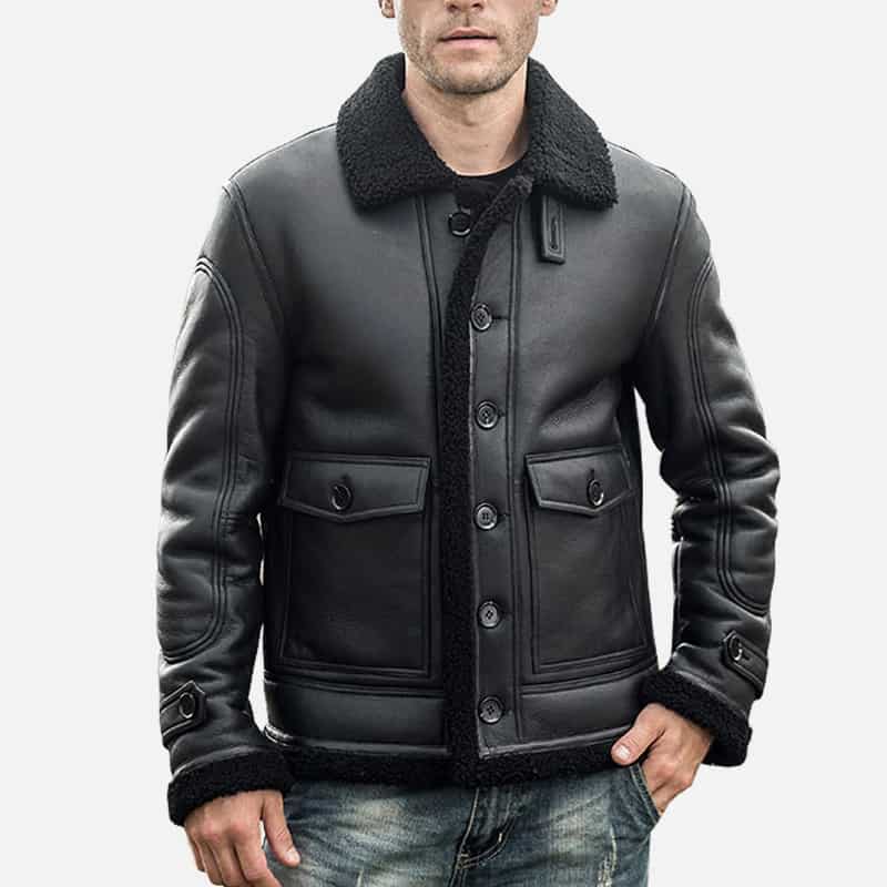 Men’s Real Leather Shearling Jacket with Button Closure