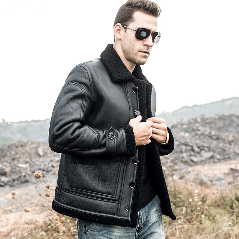 Mens Real Leather Shearling Jacket with Button Closure 0003