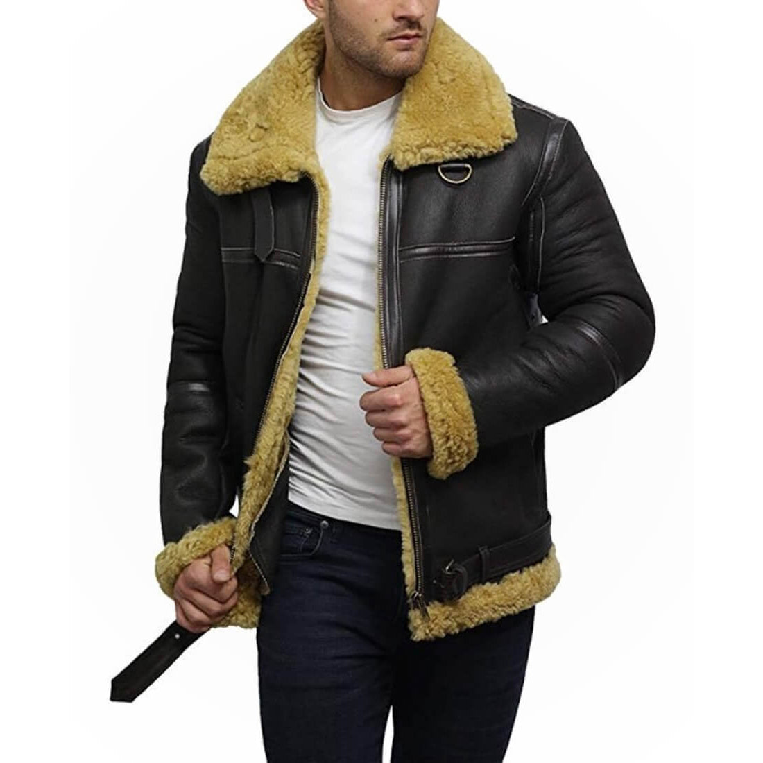 Mens Real Shearling Sheepskin Bomber Leather Jacket