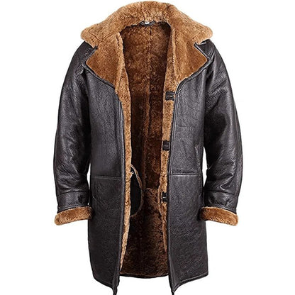 Mens Real Shearling Sheepskin Leather Warm Duffle Trench Coat