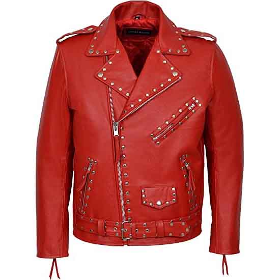 Mens Red Designer Cowhide Leather Biker Jacket