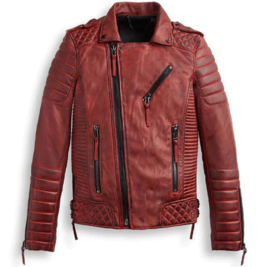 Mens Red Leather Biker Motorcycle Racer Jacket - 3amoto shop