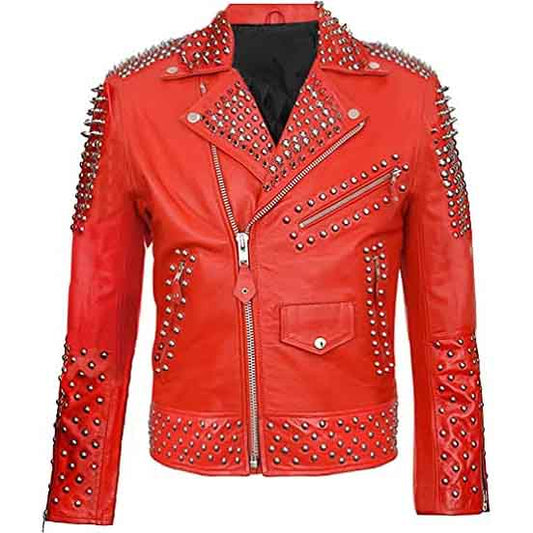 Mens Red Punk Style Motorcycle Leather Jacket with Spikes - Fashion Leather Jackets USA - 3AMOTO