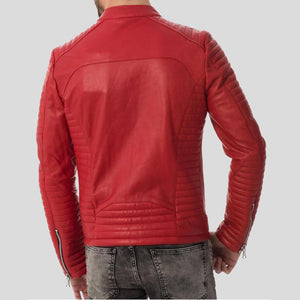 Mens Red Quilted Four Zipper Leather Jacket