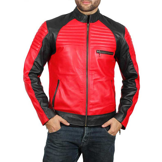 Mens Red and Black Padded Sheepskin Leather Jacket - Fashion Leather Jackets USA - 3AMOTO