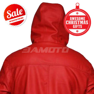 Mens Santa Claus Red Leather Jacket with Hood