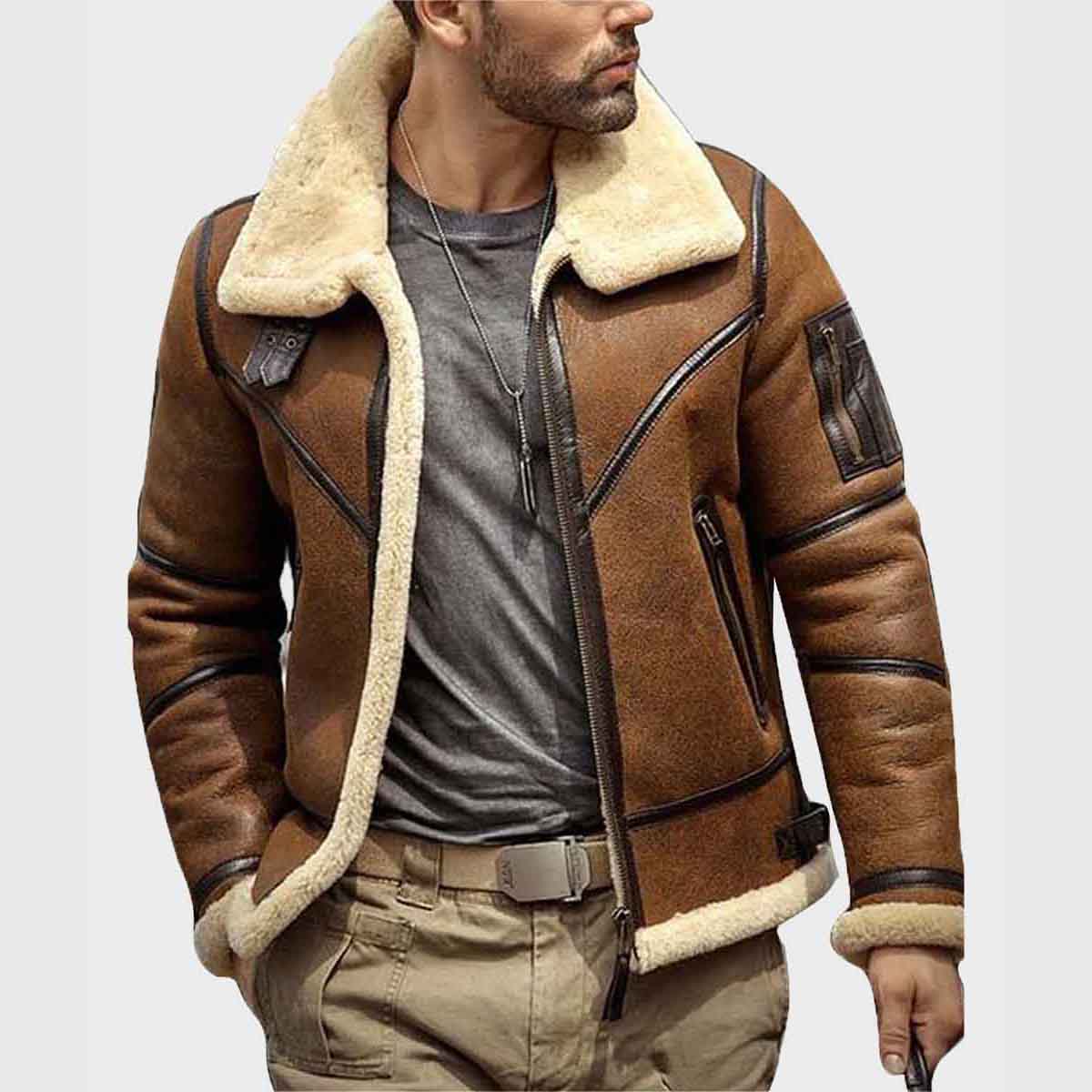 Mens Shearling B3 Flight Sheepskin Leather Aviator Jacket