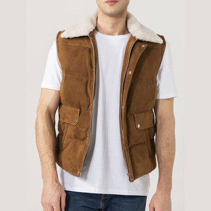 Mens Shearling Collar Suede Leather Vest