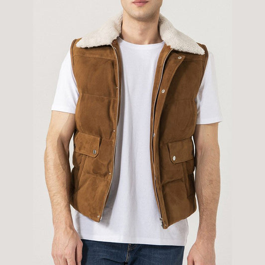 Mens Shearling Collar Suede Leather Vest - Fashion Leather Jackets USA - 3AMOTO