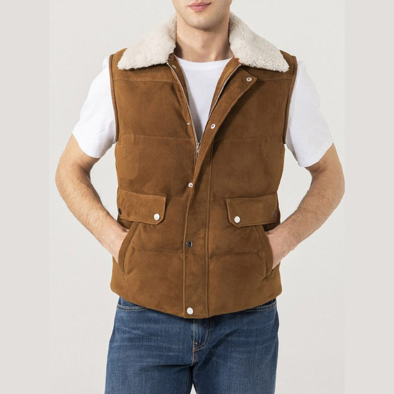 Mens Shearling Collar Suede Vest