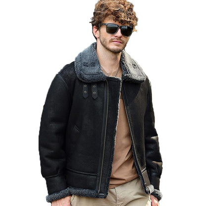 Men's Shearling Flight Jacket Black Sheepskin Coat For Men