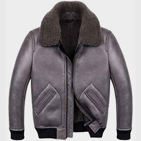 Mens Shearling Grey Sheepskin B2 Leather Jacket - Fashion Leather Jackets USA - 3AMOTO