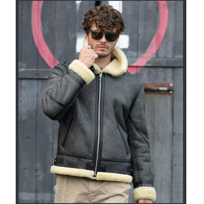 Men's Shearling Jacket Lapel Collar Sheepskin Coat