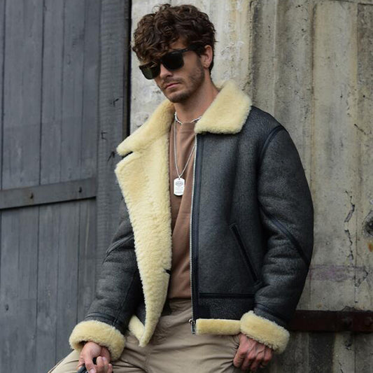 Men's Shearling Jacket Lapel Collar Sheepskin Coat - Fashion Leather Jackets USA - 3AMOTO