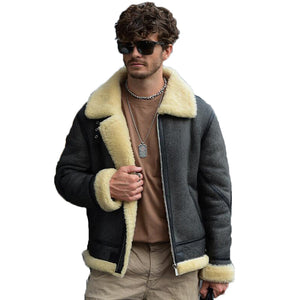 Men's Shearling Jacket Lapel Collar Sheepskin Coat