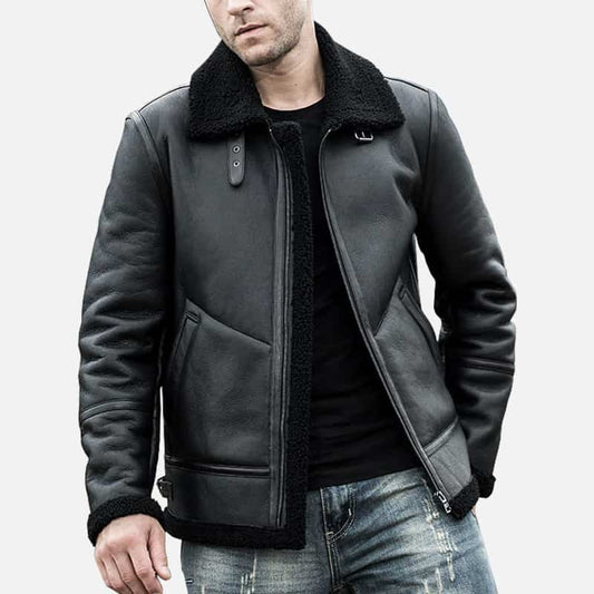 Mens Shearling Leather Coat with Turn Down Collar - Fashion Leather Jackets USA - 3AMOTO