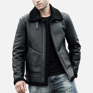 Mens Shearling Leather Coat with Turn Down Collar