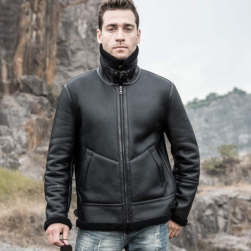 Men’s Shearling Leather Coat with Turn-Down Collar Winter Warm Jacket