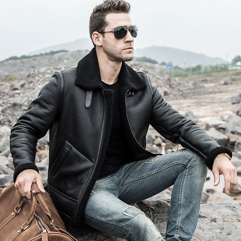 Men's Shearling Leather Coat with Turn-Down Collar Winter Warm Jacket