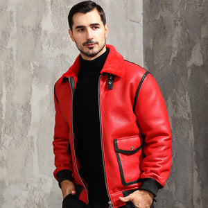 Mens Shearling Aviator Leather Moto Jacket in Red