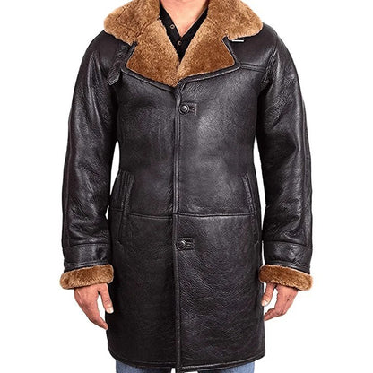 Mens Shearling Leather Warm Duffle Sheepskin Trench Coat