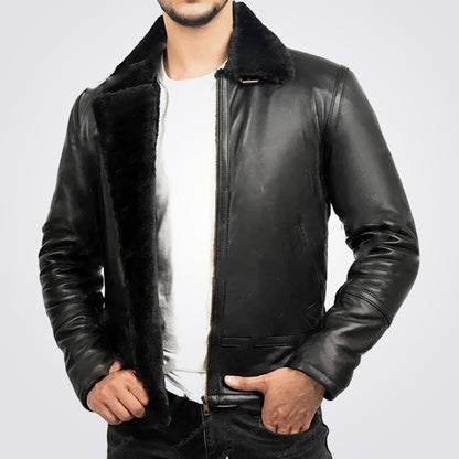 Men's Black Shearling Sheepskin Leather Bomber Jacket