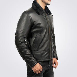 Men's Black Shearling Sheepskin Leather Bomber Jacket