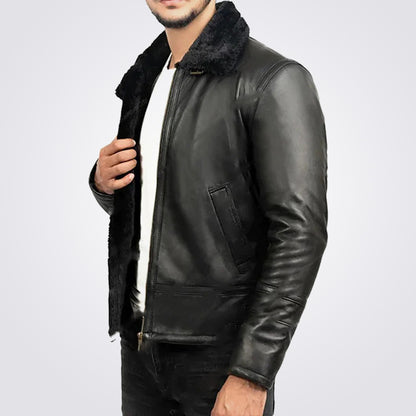 Men's Black Shearling Sheepskin Leather Bomber Jacket