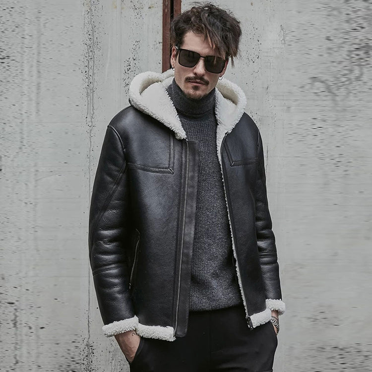 Mens Shearling Sheepskin Leather Jacket with Hood