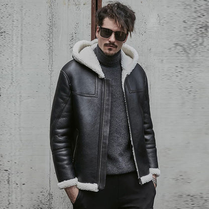 Mens Shearling Sheepskin Leather Jacket with Hood