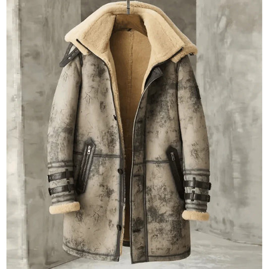 Mens Shearling Sheepskin Leather Long Coat with Hood - Fashion Leather Jackets USA - 3AMOTO