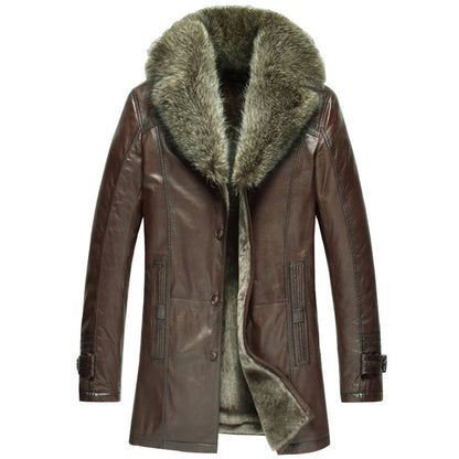 Men's Sheepskin Coat with Raccoon Fur Trim Collar