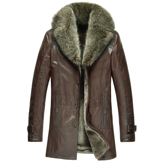 Men's Sheepskin Coat with Raccoon Fur Trim Collar - Fashion Leather Jackets USA - 3AMOTO