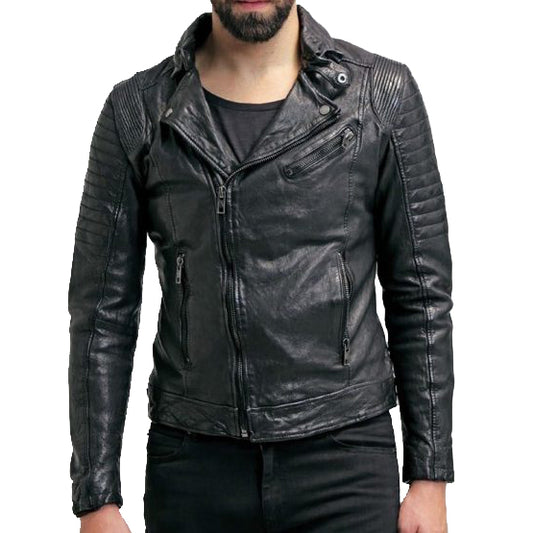 Mens Sheepskin Leather Motorcycle Jacket Black - 3amoto shop