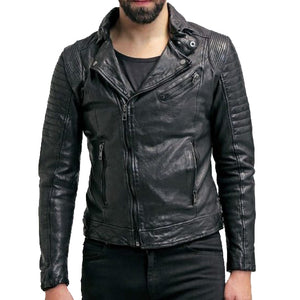 Mens Sheepskin Leather Motorcycle Jacket Black
