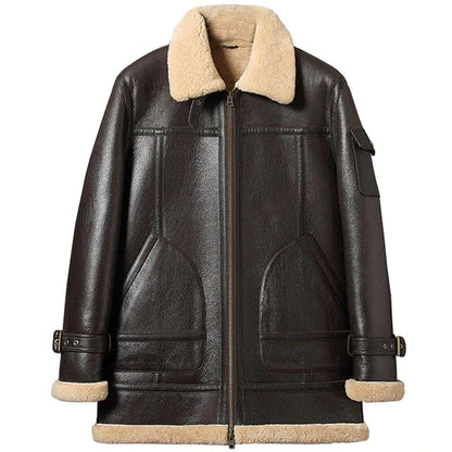 Mens Sheepskin Shearling Long Coat in Brown