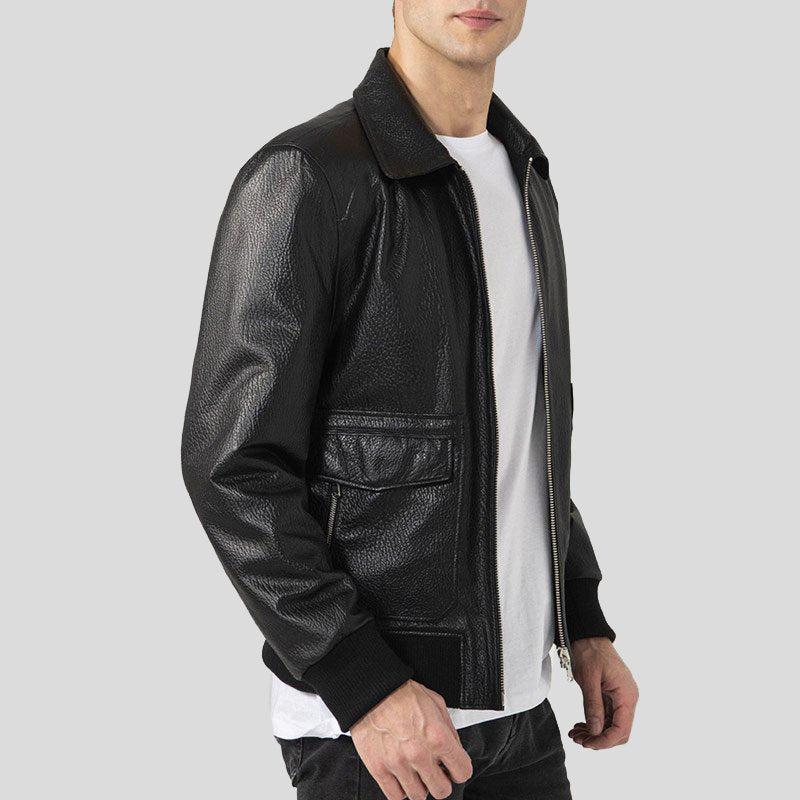 Mens Shirt Collar Black Leather Jacket