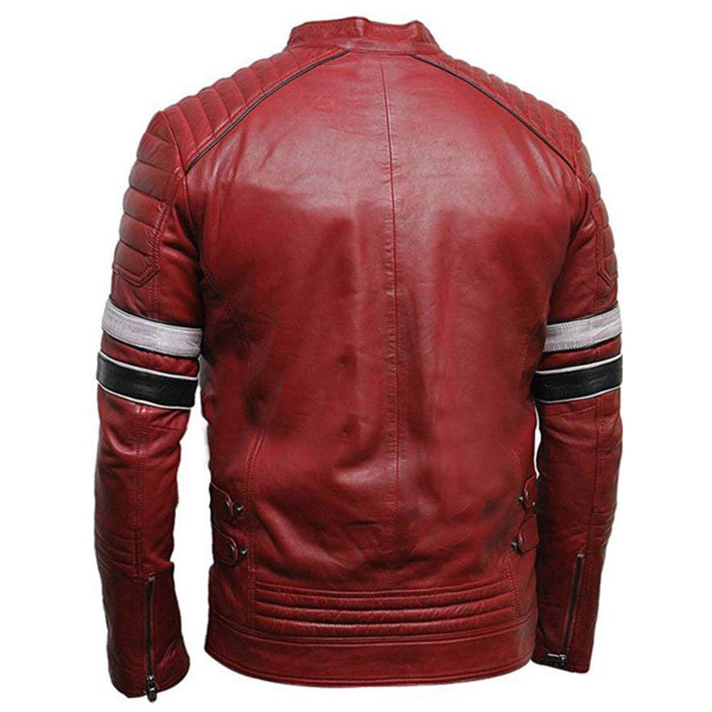 Mens Shoulder Padded Red Striped Leather Jacket