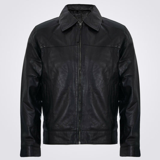 Men's Smart Black Genuine Leather Harrington Jacket - Fashion Leather Jackets USA - 3AMOTO