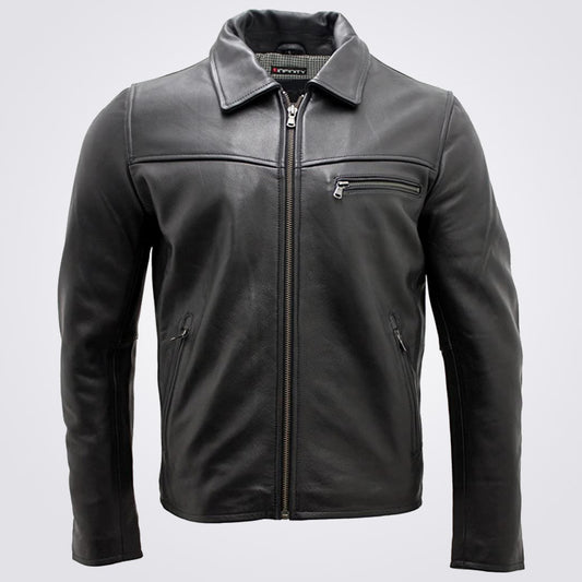 Men’s Smart Black Leather Harrington Jacket - 3amoto shop