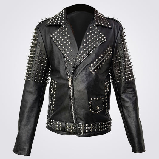 Men's Spike Studded Punk Style Real Leather Jacket - Fashion Leather Jackets USA - 3AMOTO