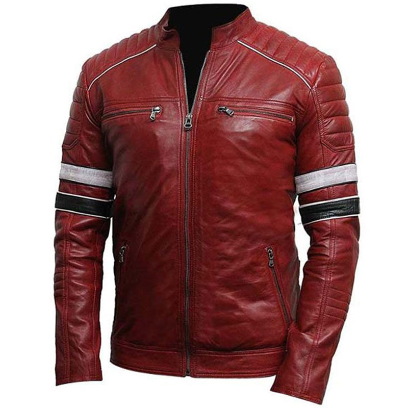 Mens Striped Cafe Racer Biker Leather Jacket