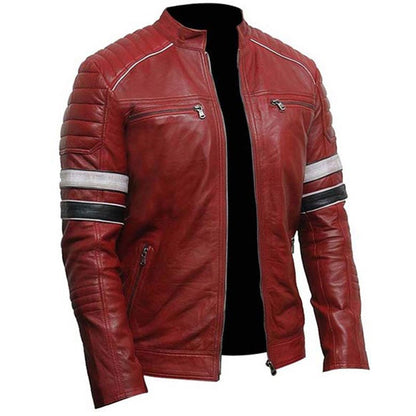 Mens Striped Cafe Racer Red Biker Jacket