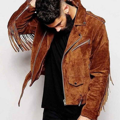 Mens Suede Fringe Moto Jacket