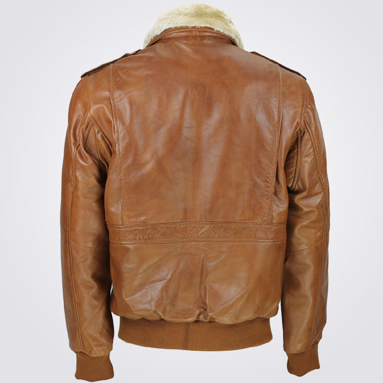 Men's Tan Brown Leather Pilot Bomber Jacket Removable Fur Collar