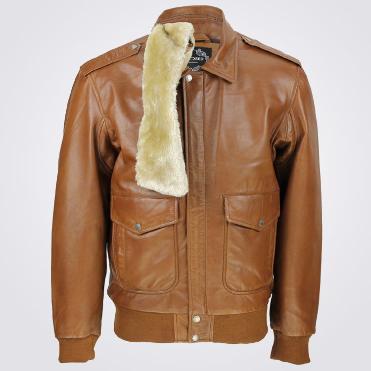 Men's Tan Brown Leather Pilot Bomber Jacket Removable Fur Collar