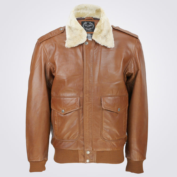 Men's Tan Brown Leather Pilot Bomber Jacket Removable Fur Collar